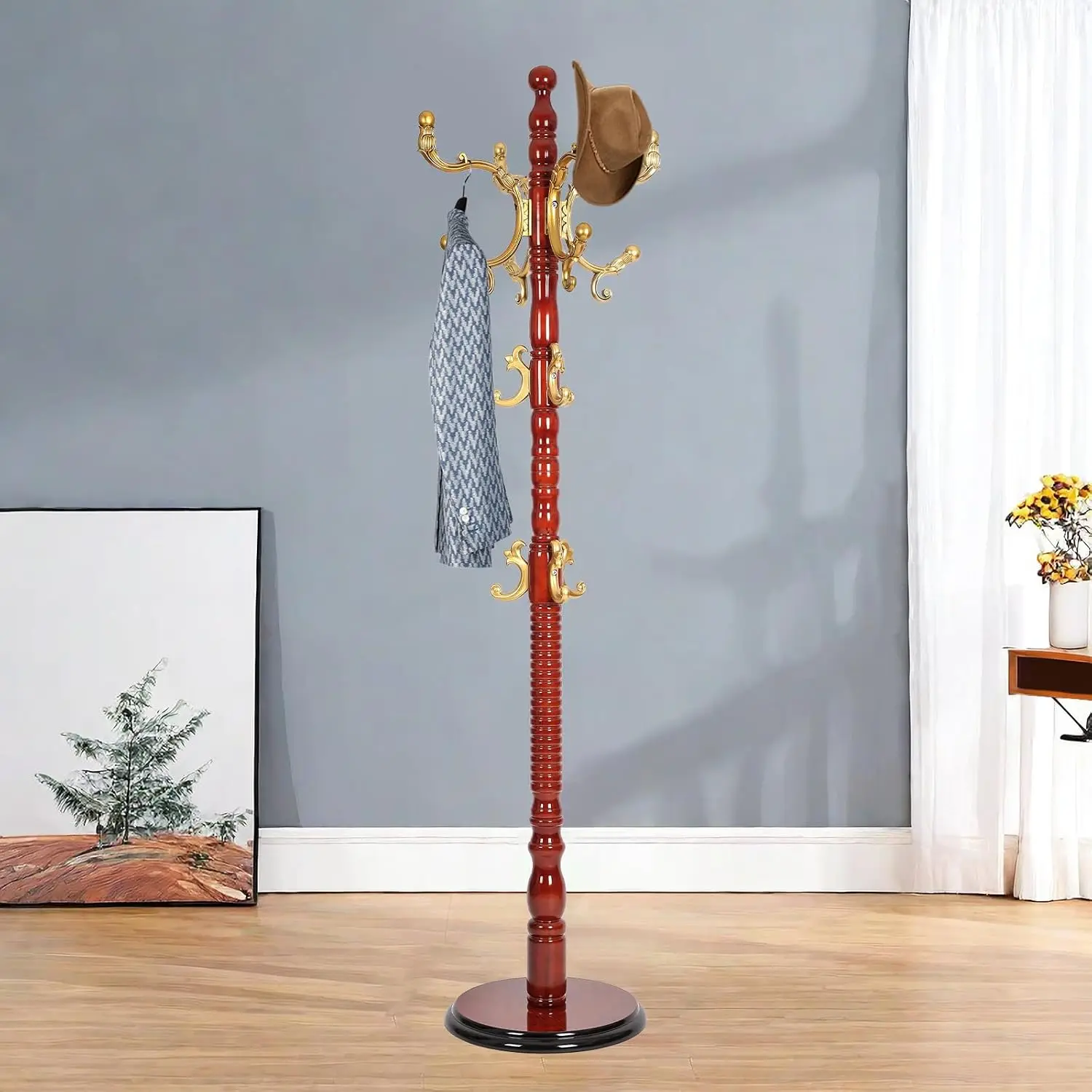 Solid Wood Coat Rack Stand 73in 14 Hooks Adjustable Height Freestanding Hall Tree Entryway Bedroom Office Home, Customized
