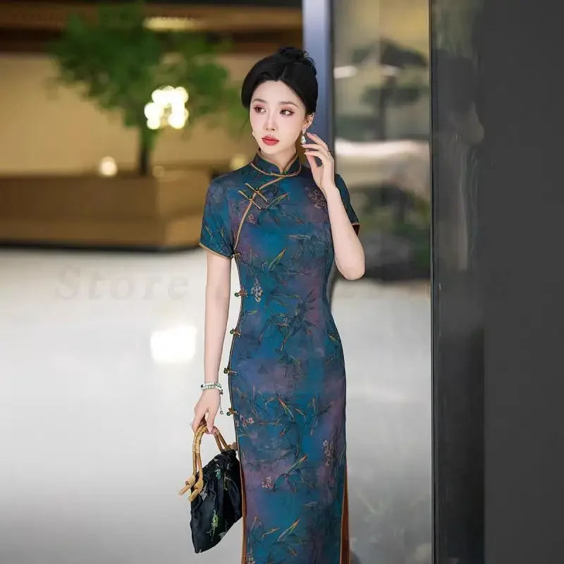 

Платье в китайском стиле, летнее атласное платье с цветочным принтом, женское Ципао, элегантное винтажное платье Cheongsam, традиционная восточная одежда, Vestidos