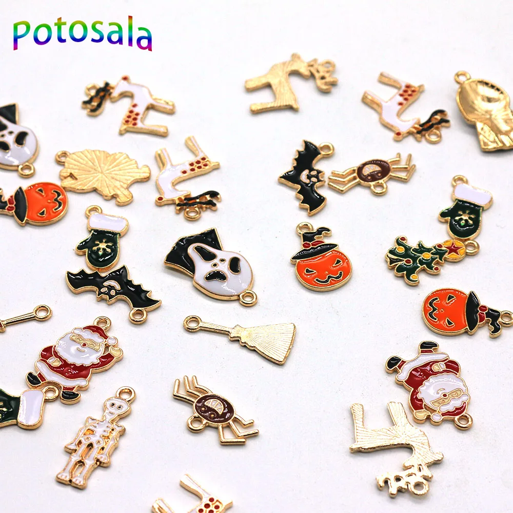 10Pcs/Lot Halloween Alloy Charms Mixed Pendant Pumpkin Ghost Broom Bat Enamel For Jewelry Making DIY Earrings Necklace Findings