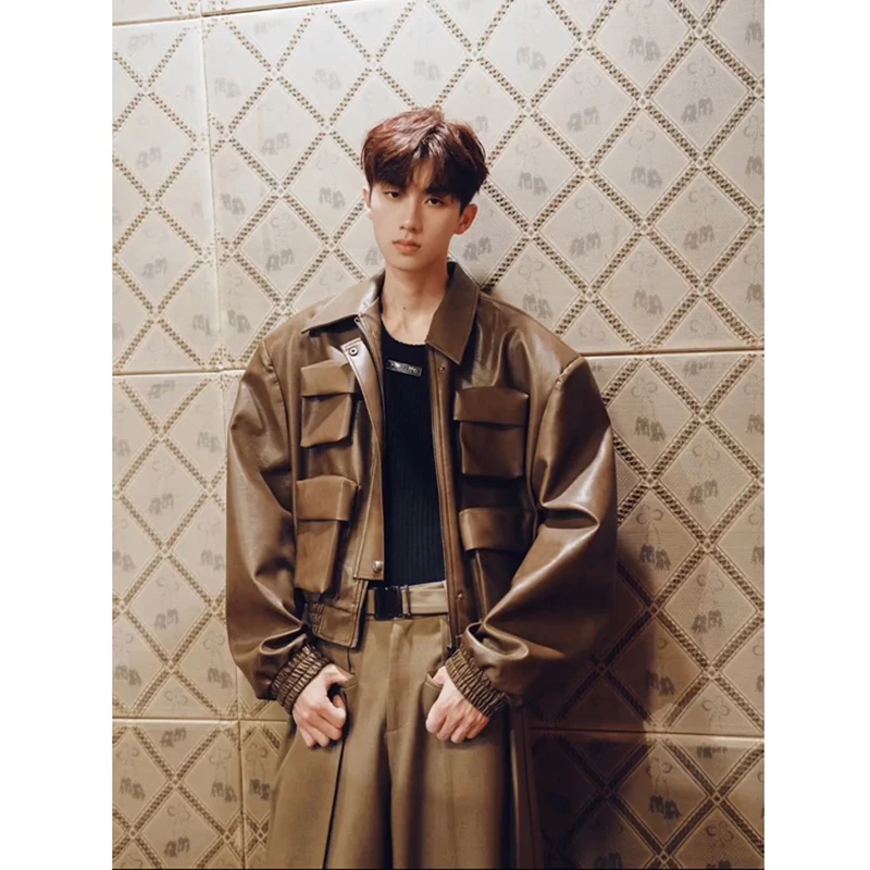 

Trendy ort PU Leather Jaet for Men Motorcycle Design Spring Loose Fit Retro Workwear Outerwear Casual Pure Color Zipper