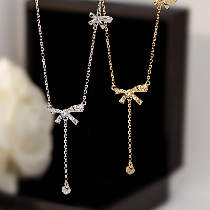 Fashion Zircon Bow Pendant Necklace For Women Exquisite Crystal Bowknot Tassel Clavicle Chain Necklace Jewelry Birthday Gifts