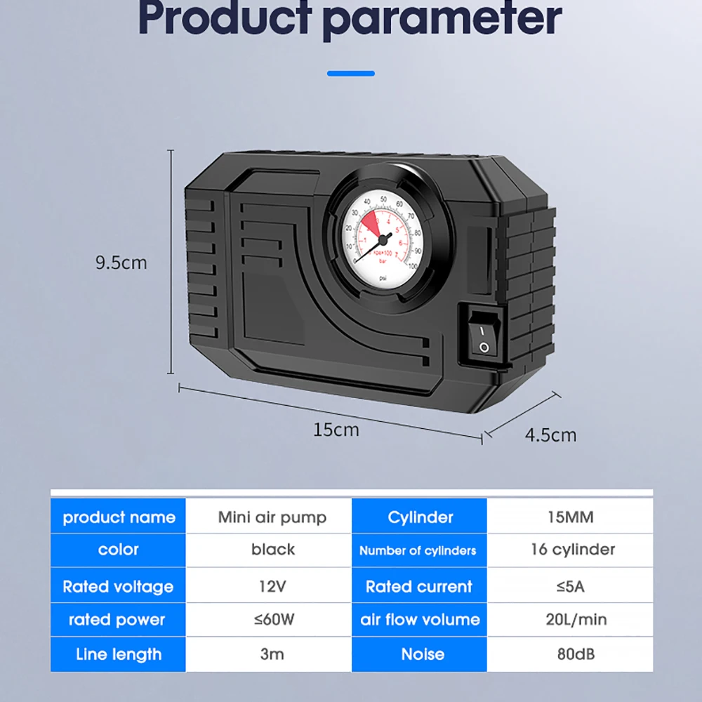 Minibomba de aire eléctrica para coche, inflador de neumáticos de 60W, 12V, 100psi, 20l/Min, compresor de aire portátil para coche, motocicleta,