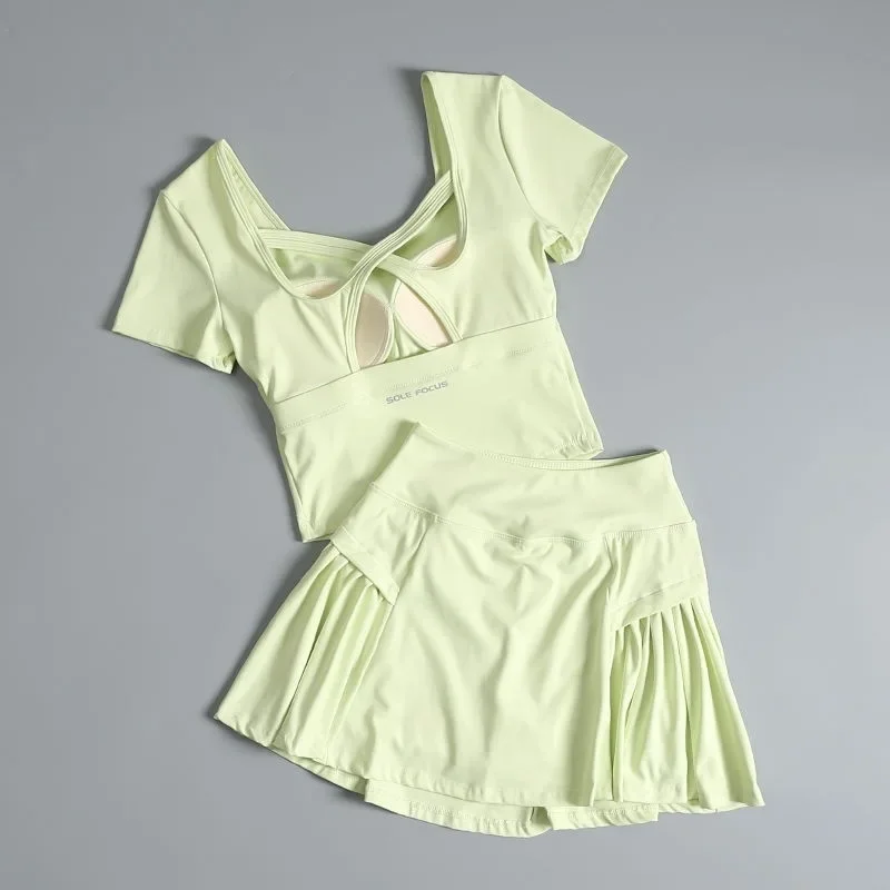بدلة كرة الريشة تنورة التنس بدلة رياضية نسائية صيف 2025 جديد تشغيل المشي سرعة الجافة اللياقة البدنية دعوى اليوغا قميص بأكمام قصيرة #2