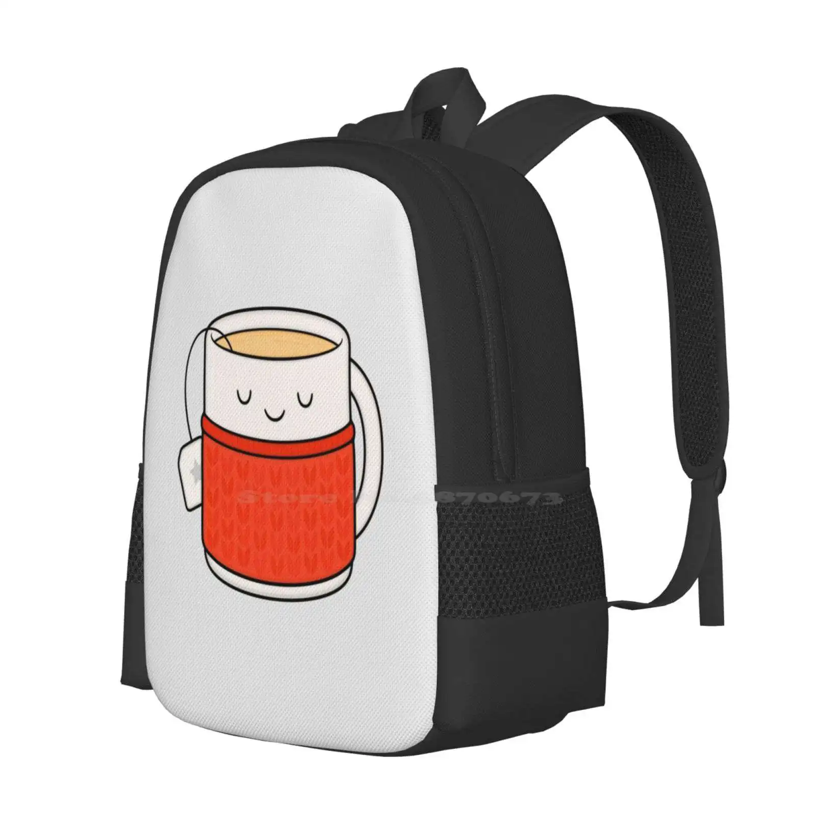 Keep Warm , Drink Tea! Pattern Design Bagpack School Bags Cup Tea Drink Hot Warm Sugar Coffee Knitting Cable Sweater Kawaii