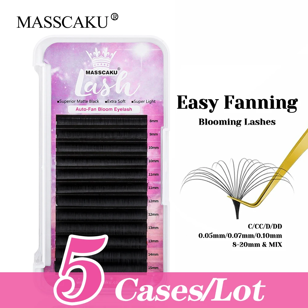 

Hot Selling MASSCAKU 5cases/lot Korea PBT Fiber Fast Blooming Lashes 0.05/0.07mm Thickness Multi-texture Auto Fanning Eyelash