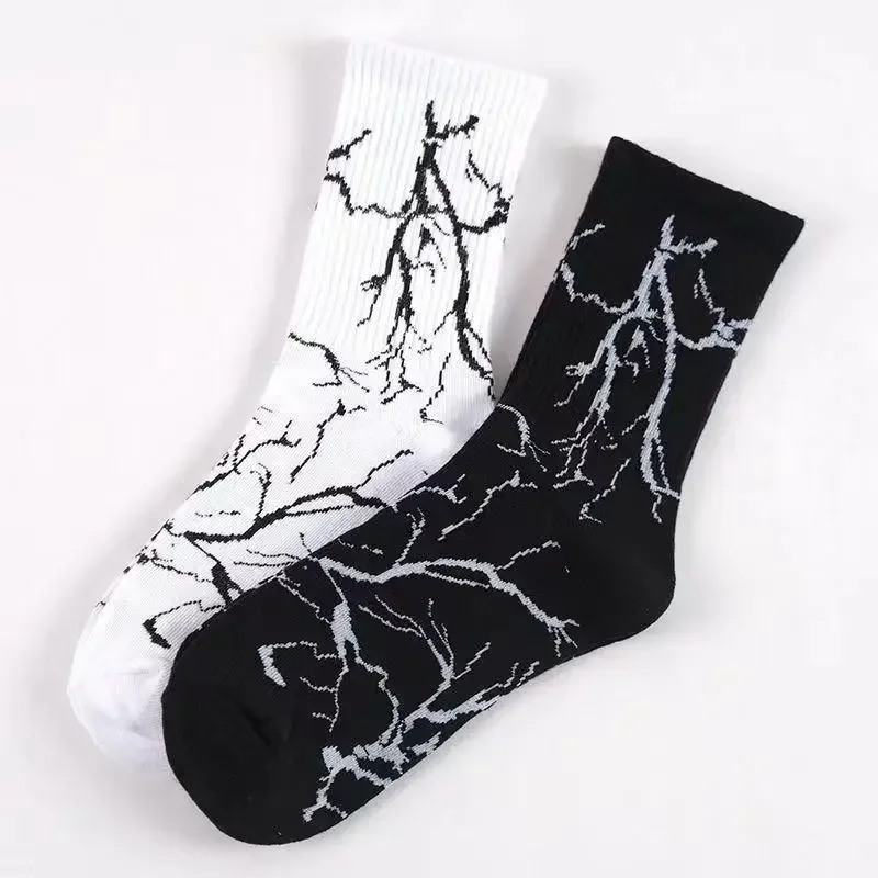 Harajuku Hip-Hop Street Sports Skate Socks Tie Dye Cotton Lightning Designer Happy White Socks Women