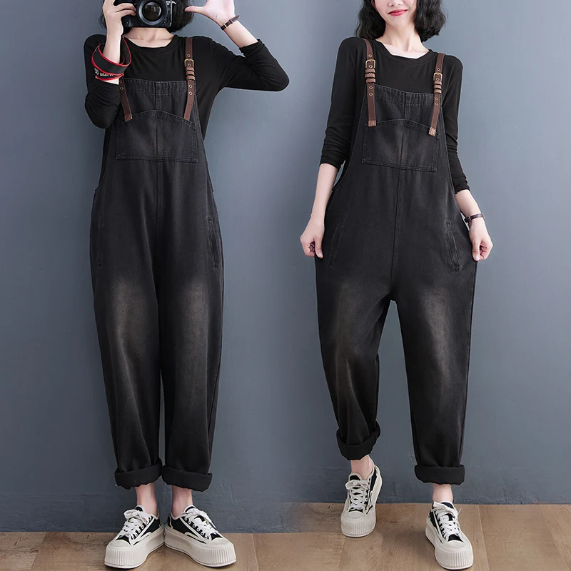 

Vintag Black Denim Jumpsuits For Women Streetwear Loose Wide Leg Jeans Rompers Harajuku Suspender Bib Pants Big Size Overalls