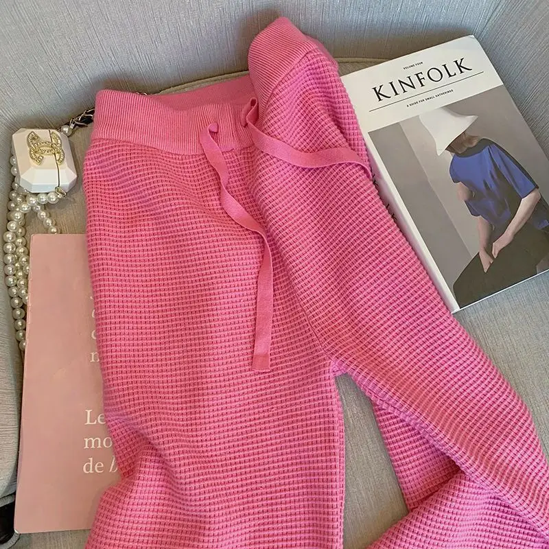 Raspberry Pink Waffle Knitted Wide Leg Pants for Women Autumn New High Waist Drop Straight Leg Dragging Pants Trendy