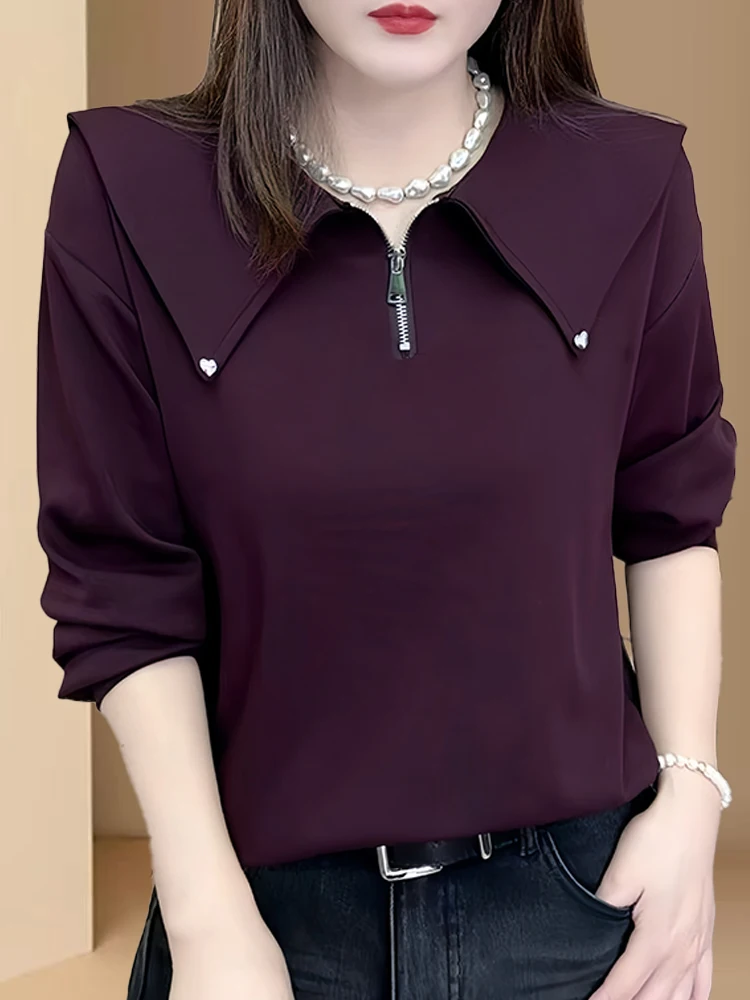 Minceur Long Sve T-irt femmes Faion Design f fermeture éclair automne nouveauté trajet Sle coréen coupe ample couleur Pure