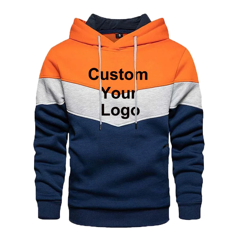 Man Custom Your Logo Splicing Hoodies Pullover Autumn Winter Fleece Warm Sweatshirts Casual Sport Tops