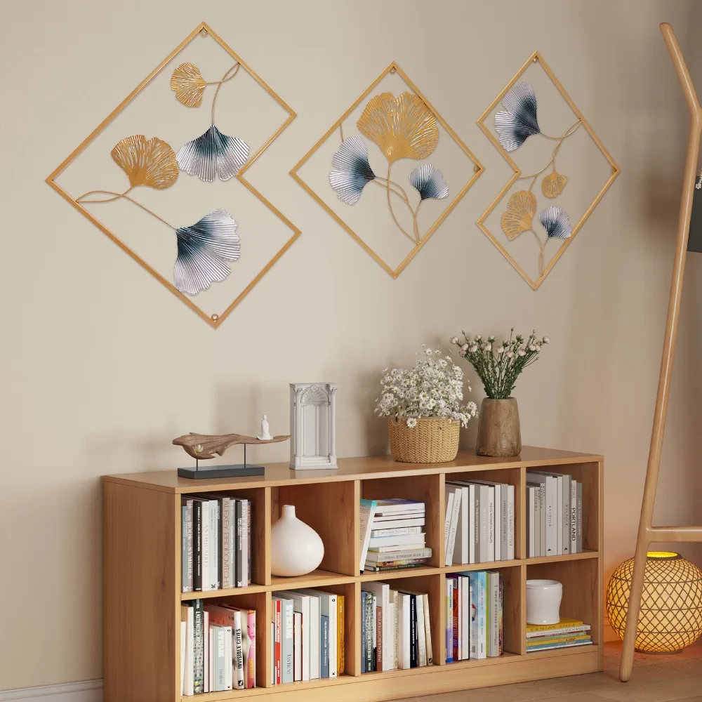 

3PCS Metal Ginkgo Wall Decorations Wall Mount Gold Leaf Art Decor with Frame for Bedroom Living Room Dining Room Entryway