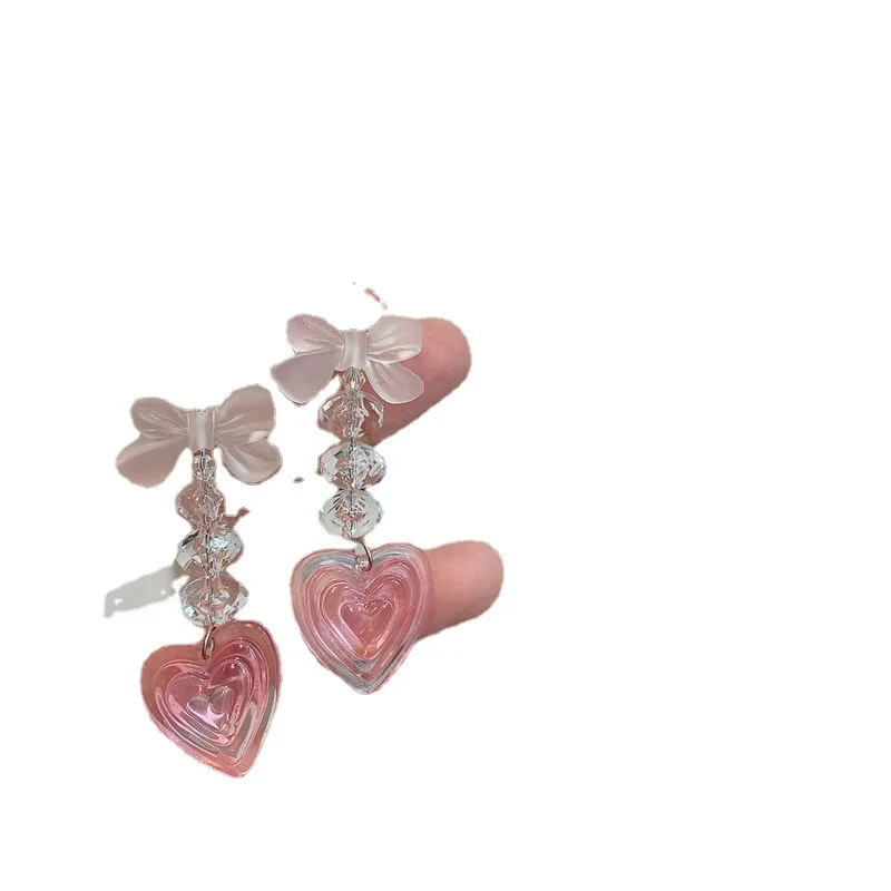 Sweet Girly Korean Style Long Pink Heart Pearl Earrings