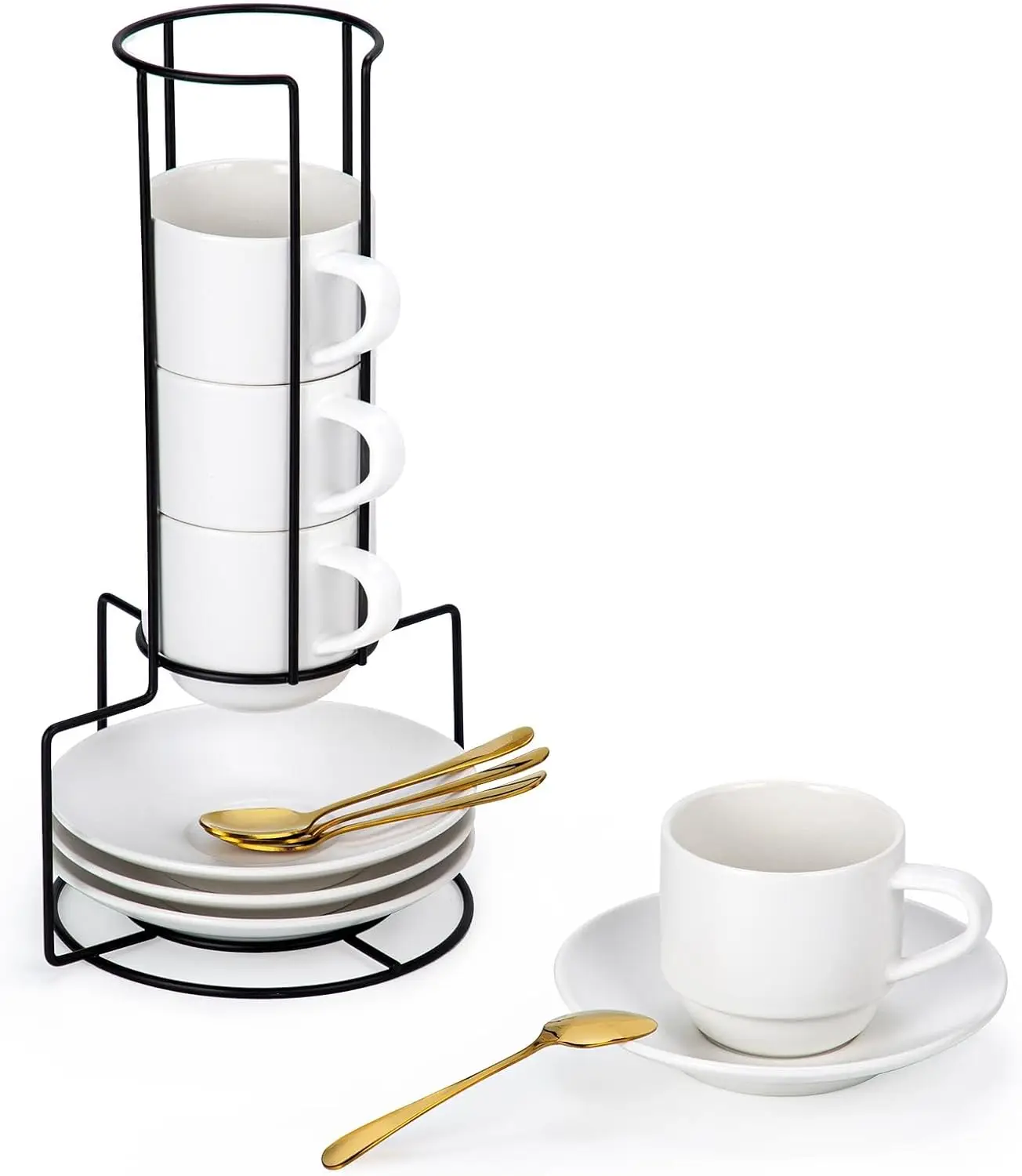 

Stackable Porcelain Cappuccino Cups Set of 4 with Saucers, Spoons & Metal Stand - for Coffee, Latte, Tea