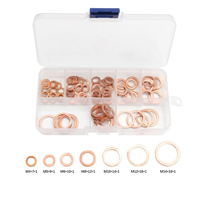 100Pcs Copper Washer Gasket Nut And Bolt Set Flat Ring Seal Assortment Kit With Box M4/M5/M6/M8/M10/M12/M14 For Sump Plugs