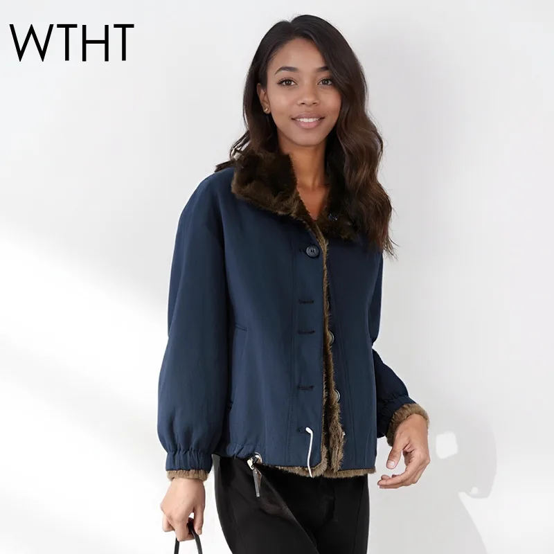 

WTHT 2025 зимняя модная женская контрастная цветная плюшевая дизайнерская повседневная стеганая куртка Treny с лацканами и длинными рукавами, женское пальто 1LS2694