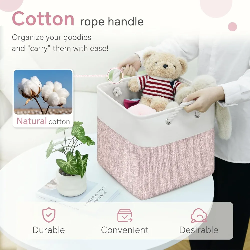 مجموعة من 6 مكعبات تخزين مقاس 11 × 11 بوصة مع مقابض قطنية لتنظيم الملابس والألعاب والمزيد باللون الأبيض والوردي