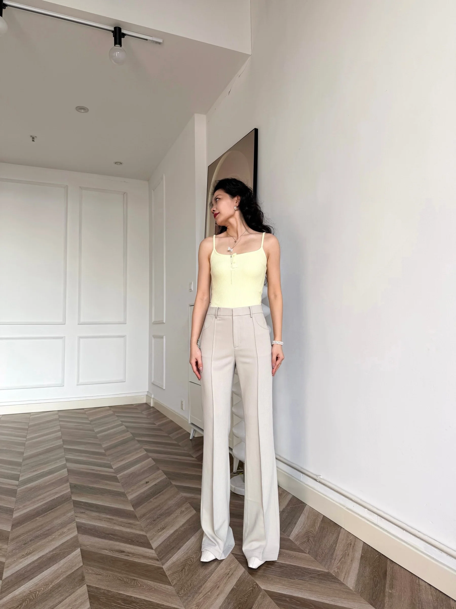 

Slimming High Waist Cement ey White Commute Friendly Thin Leggings Easy to Maintain Straight Cut Pants for Women