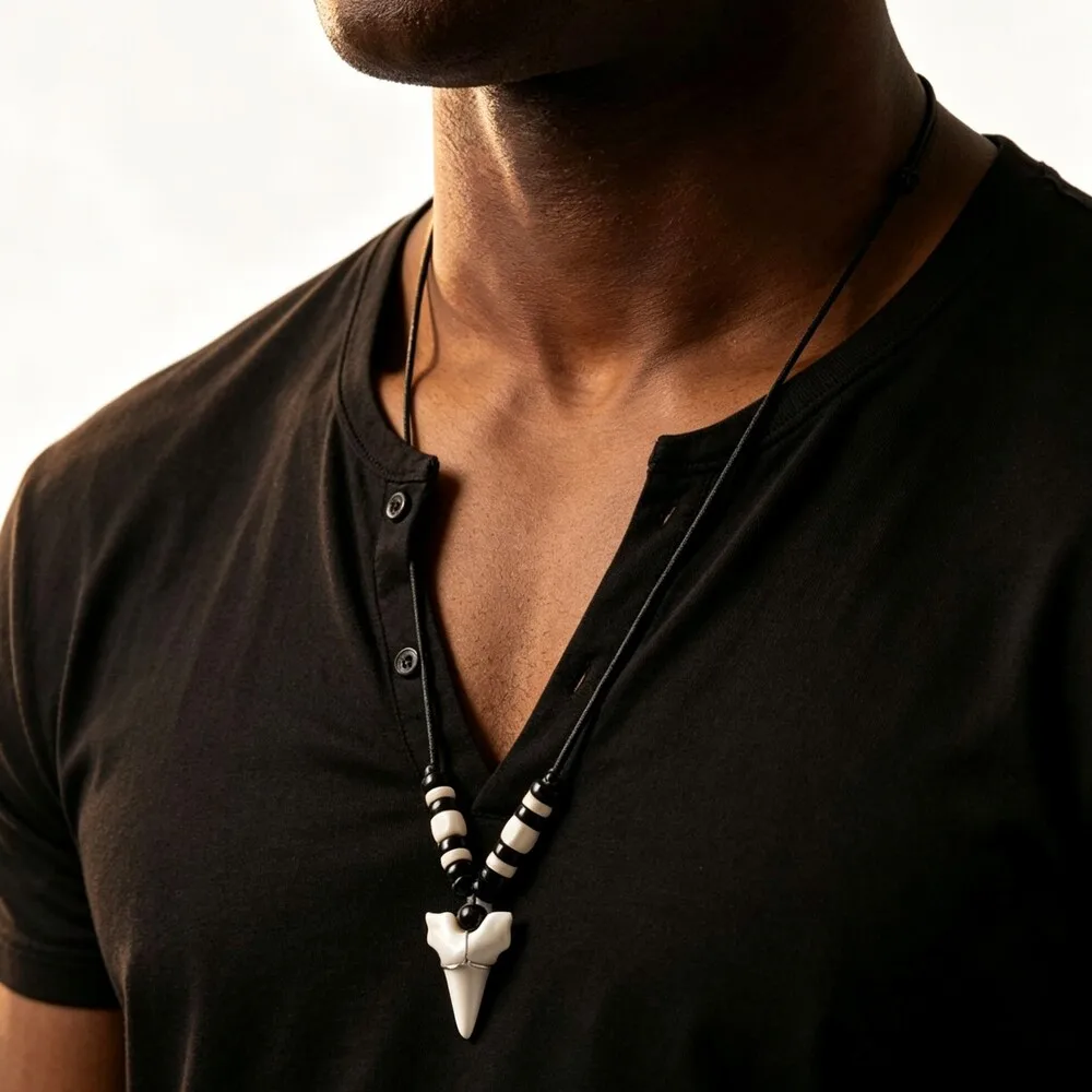 Imitation Shark Teeth Pendant Necklace for Men,New Zealand Maori Tribal Bone Choker,Hawaii Surfer Jewelry - view 2