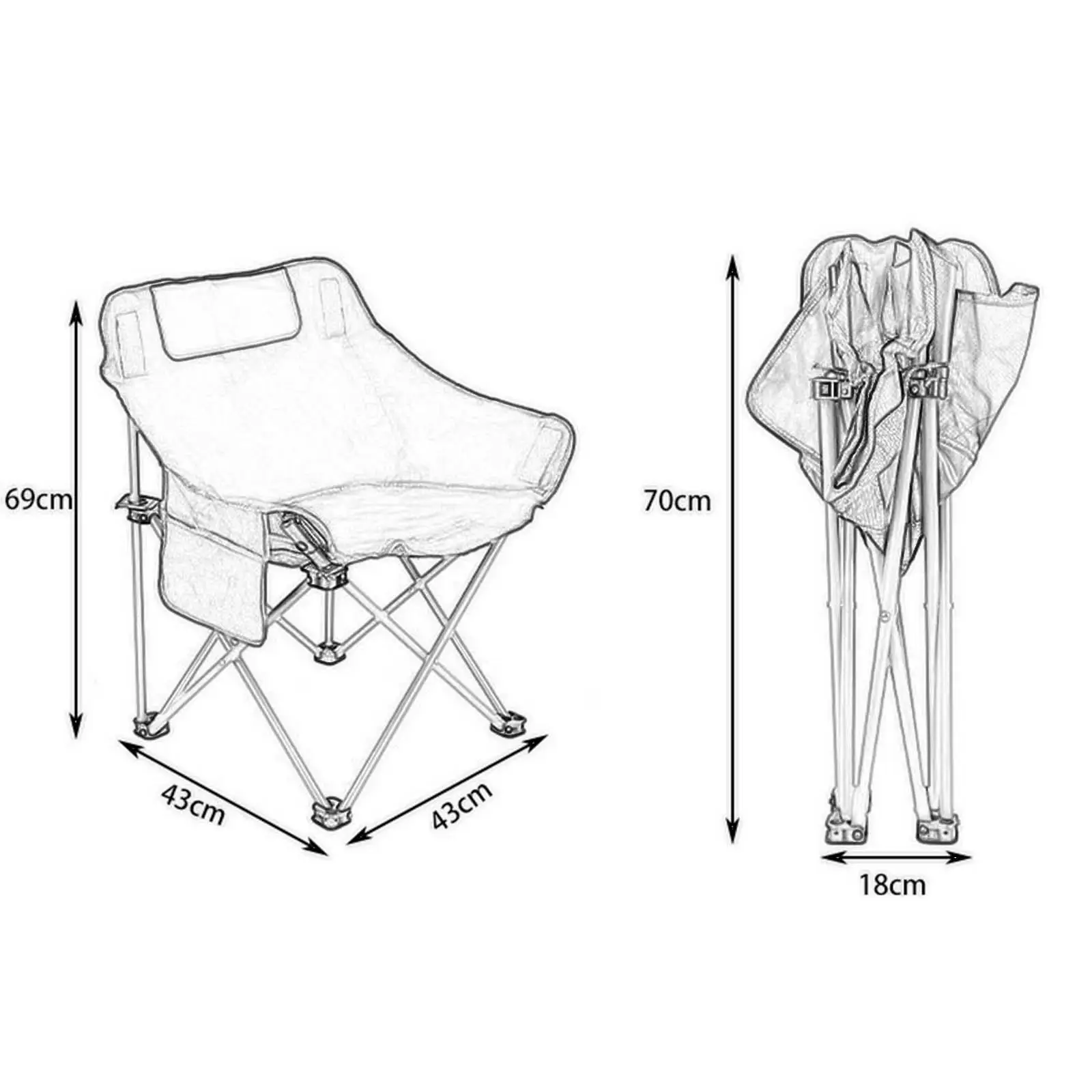 Folding Camping Chair Outdoor Moon Chair with Pocket 150kg Heavy Duty Nonslip