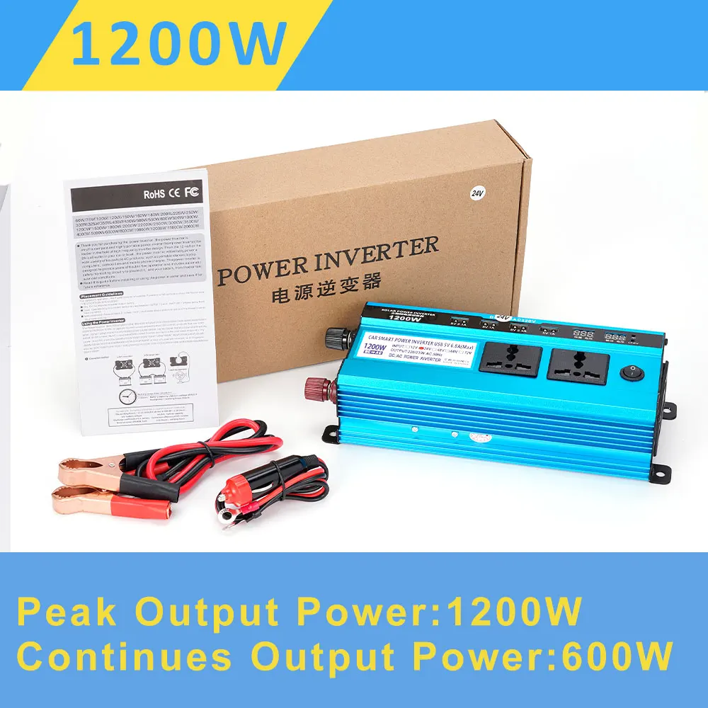 Voltage Conversion Transformer 1200W Inverter DC 24V To AC 220V  Dual Cigarette Lighter Car Inverter 4USB Universal Plug