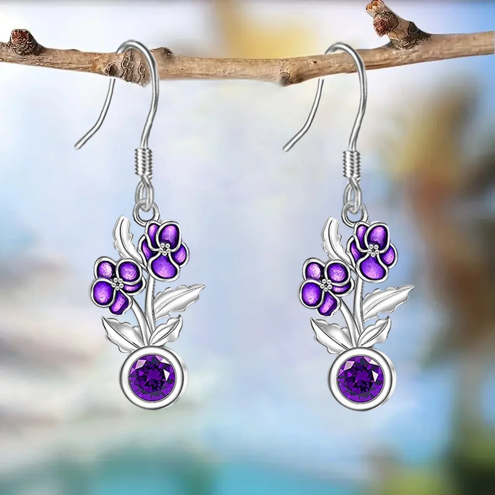 1 Pair Retro Purple Flower Dangle Earrings for Women Festival Birthday Party Jewelry Commemorative Gifts Accessories for Women