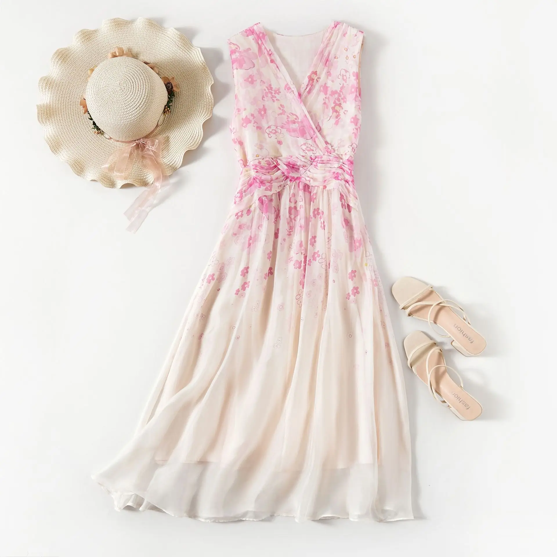 

Birdsky, 1PC Women dress tank top V neck folds waist 100% real mulberry silk flower Pink, S-870