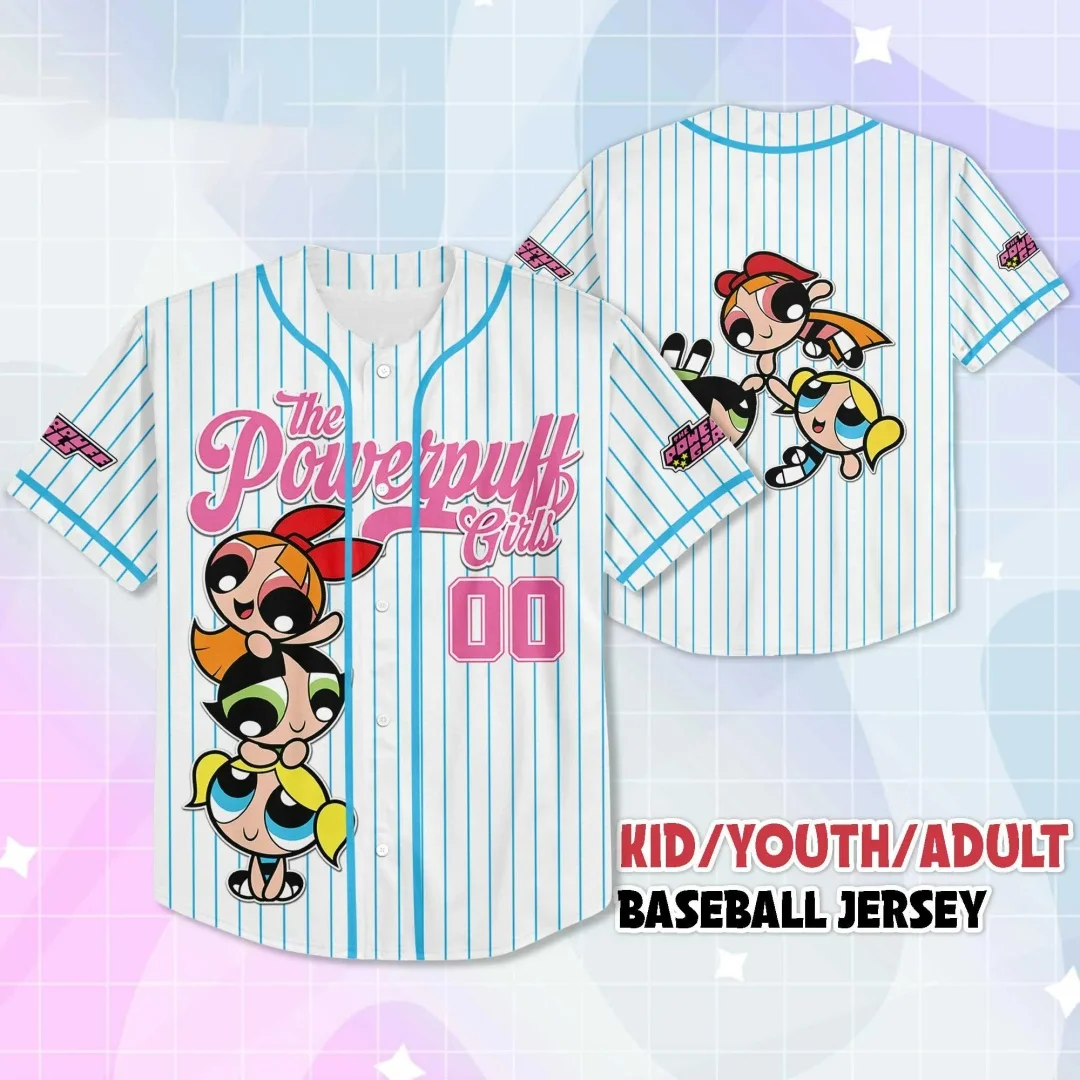 Das gestreifte Baseball-Trikot der Powerpuff Girls im Y2K-Anime-Cartoon-Stil, ein Oberteil für Kinder, Jugendliche und Erwachsene, ein Unisex-Streetwear-Modell, ein Herren-T-Shirt und ein Damen-T-Shirt. – Detail 4