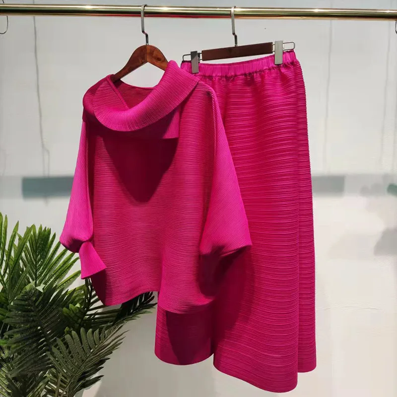 Miyake-Conjunto plisado de 2 piezas, Top de manga larga con cuello vuelto de gran tamaño y pantalones de pierna ancha de talla grande, novedad de 2024