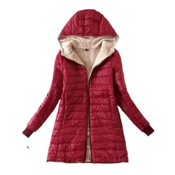 Women's Fashion, Casual, Simple and Elegant Lamb Wool Medium Long Warm Hooded Cotton Jacket Women's Top Plus Size Cotton Jacket