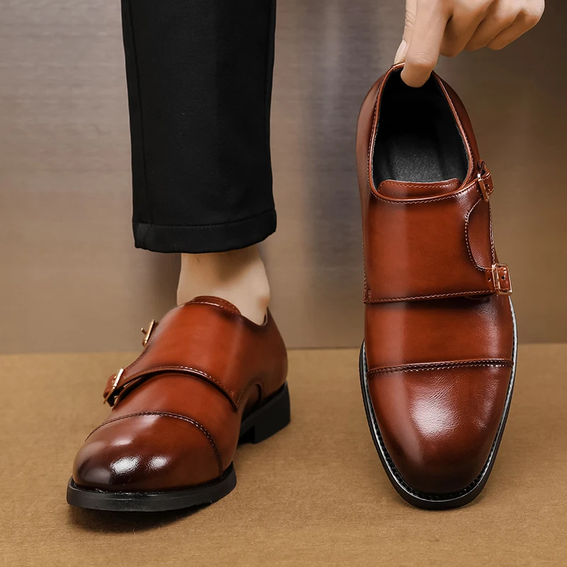 Fashion Brand New Designer British Monk Strap Leather Shoes Flat for Men Low Cut Dress Formal Wedding Prom Oxford Zapatos Hombre