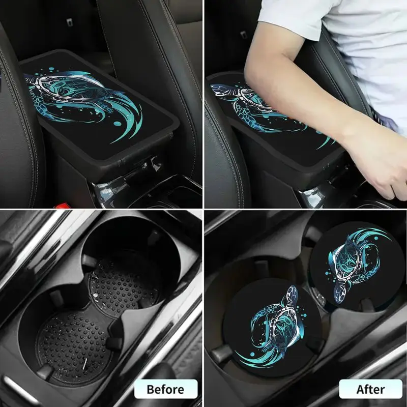 1Pc Car Armrest Cover + 2Pcs Cup Coasters | Tribal Blue Sea Turtle Print Car Interior Decor - view 4