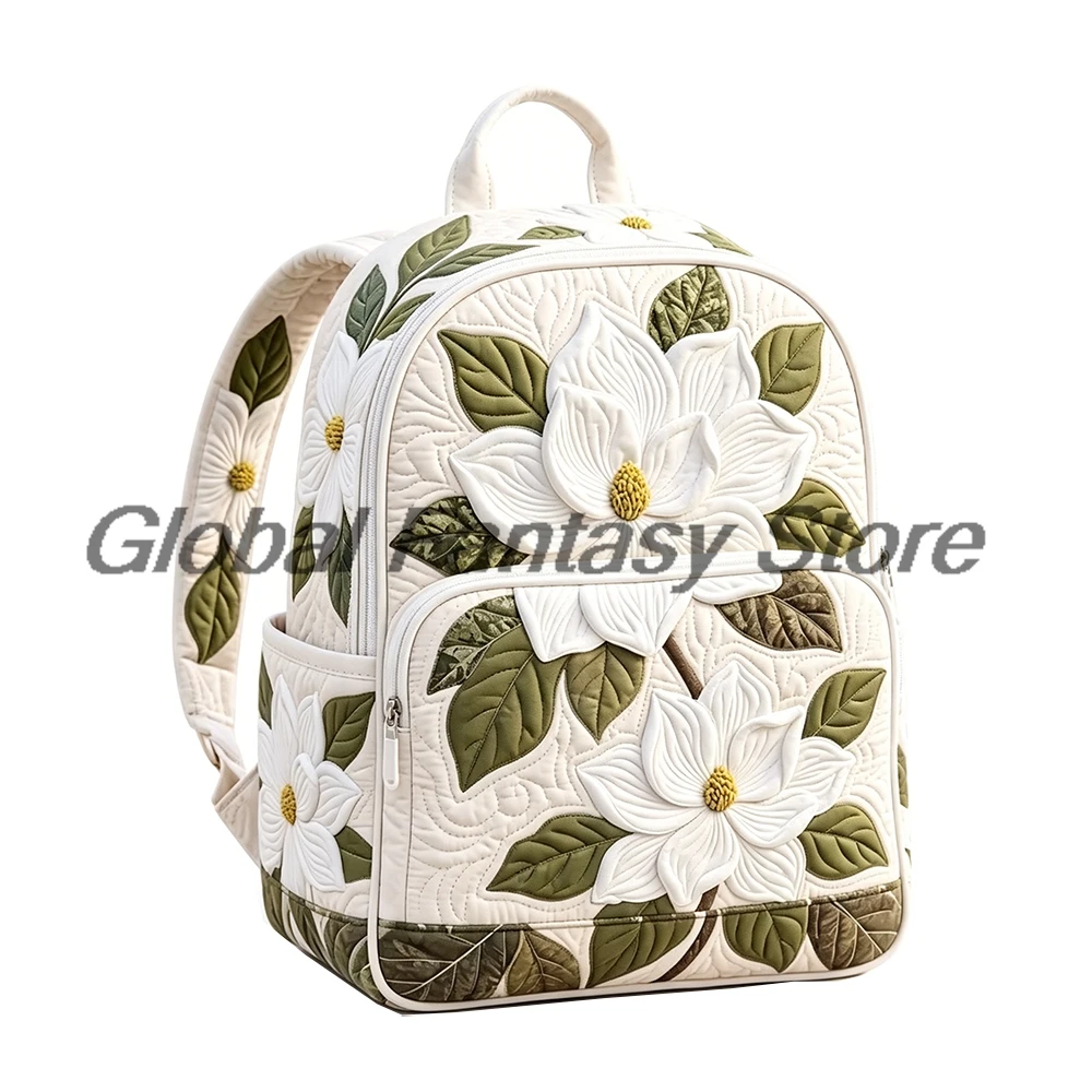 Elegant Magnolia Flower Quilted Backpack Vintage Floral Daypack Travel Bag Women Men Outdoor Packsack