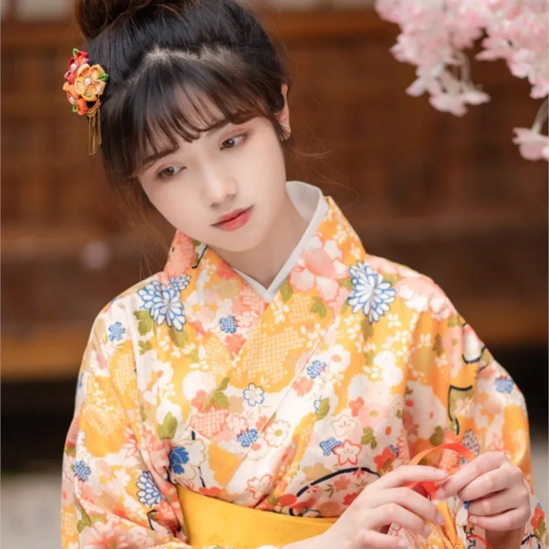 Japanese Style Bathrobe Yellow Small Fan Cute Girl Kimono Cherry Blossom about Photography Clothes