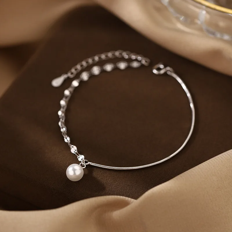 Fashion Charm 925 Sterling Silver Double-layer Spliced Round Pearl Bracelet for Woman Girl Jewelry Accessories Girlfriend's Gift