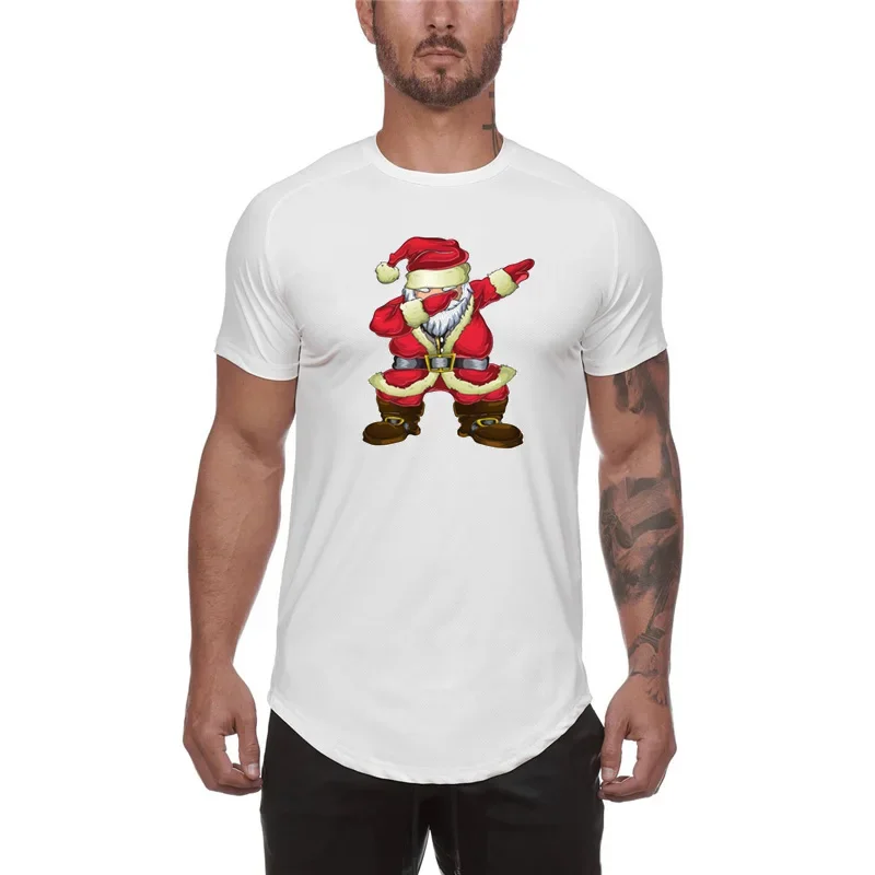 Camiseta de malla de Navidad para hombre, ropa ajustada para gimnasio, Tops de Papá Noel, Camiseta lisa de secado rápido para culturismo y Fitness