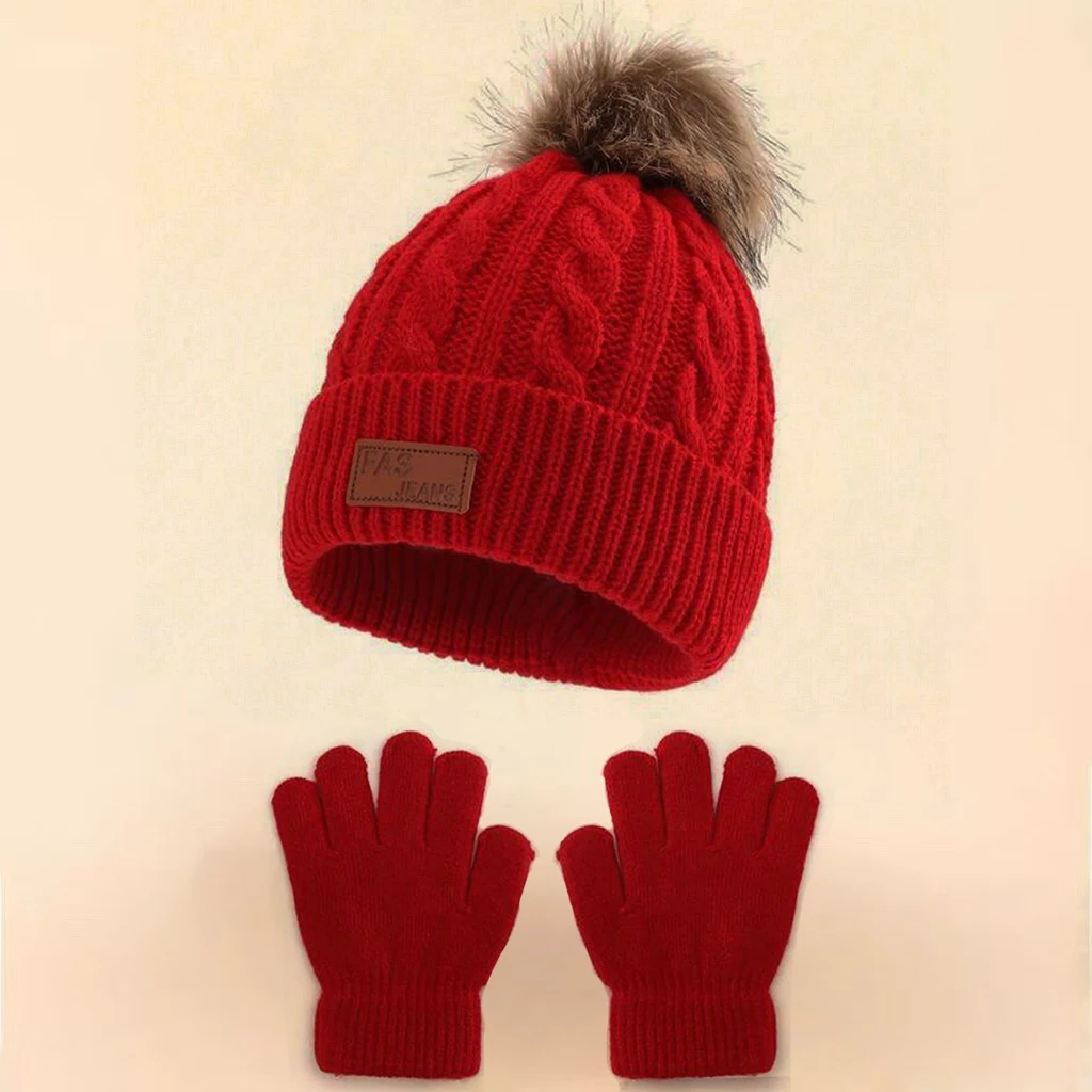 Confezione da 2 cappelli e guanti in maglia caldi per bambini, con un'unica pallina; Adatti per attività all'aperto in autunno e in inverno