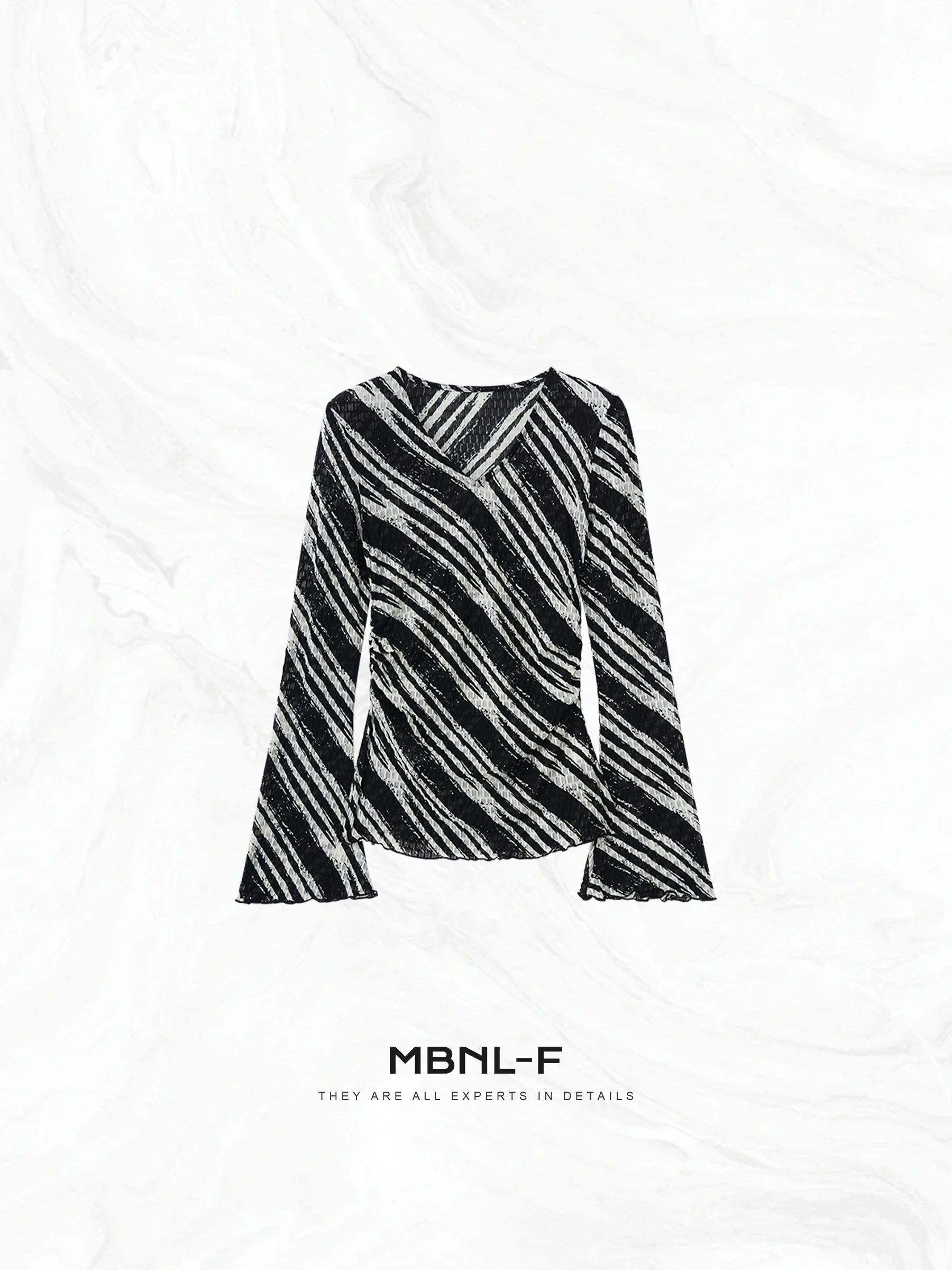 

Женская трикотажная футболка MBNLF с длинным рукавом, облегающая, с высококачественной текстурой, черно-белая в полоску, Весна 2025