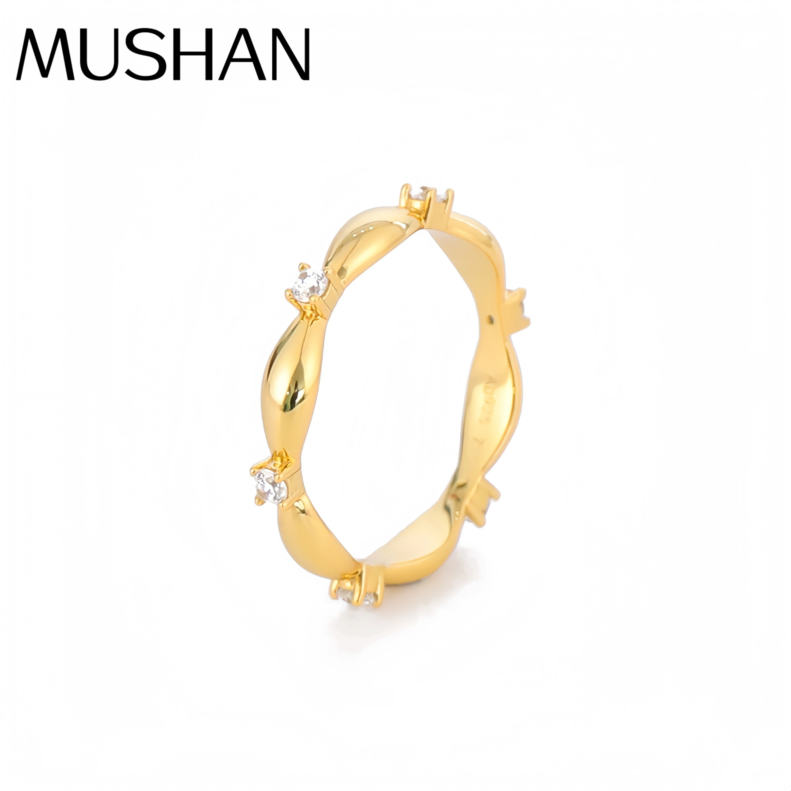 Mushan العلامة التجارية الفاخرة خاتم مطلي بالذهب مع سلك Drawi للنساء 925 فضة الزركون خواتم غرامة مجوهرات