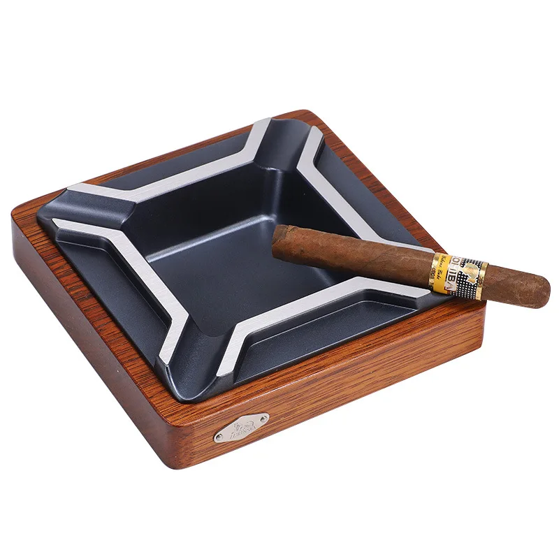 

Four slot zinc alloy plated chicken wings solid wood cigar special metal ashtray