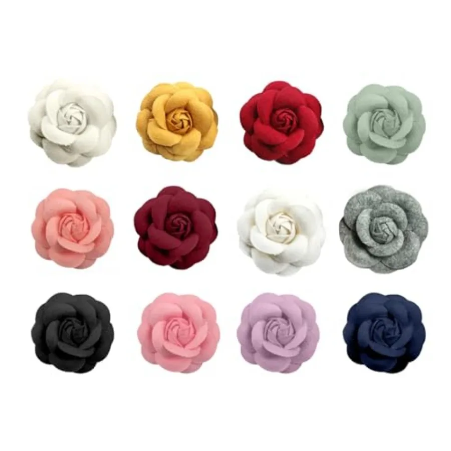 12 Pcs 2.16 Inch Assorted Color Woolen Fabric Flower Embellishment Heads Cloth Camellia Flower Supplement DIY for Headband Garm