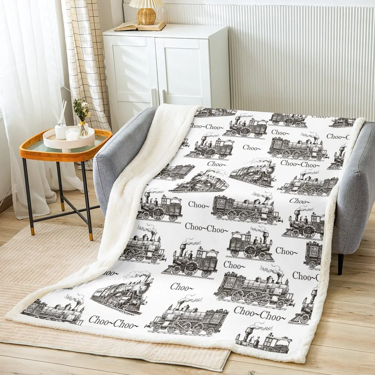 Retro-Zug-Überwurfdecke, Dampflokomotive-Decke für Kinderzimmer, Dekor, braun, weiß, Sherpa-Fleecedecke für Stuhl, Sofa x