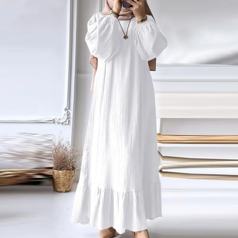 

Women's Muslim Robe Fashion Solid Color Round Neck Pleated Long Sleeve Dress Casual Loose Abaya Ghirba Cloth Kaftan Long Dress