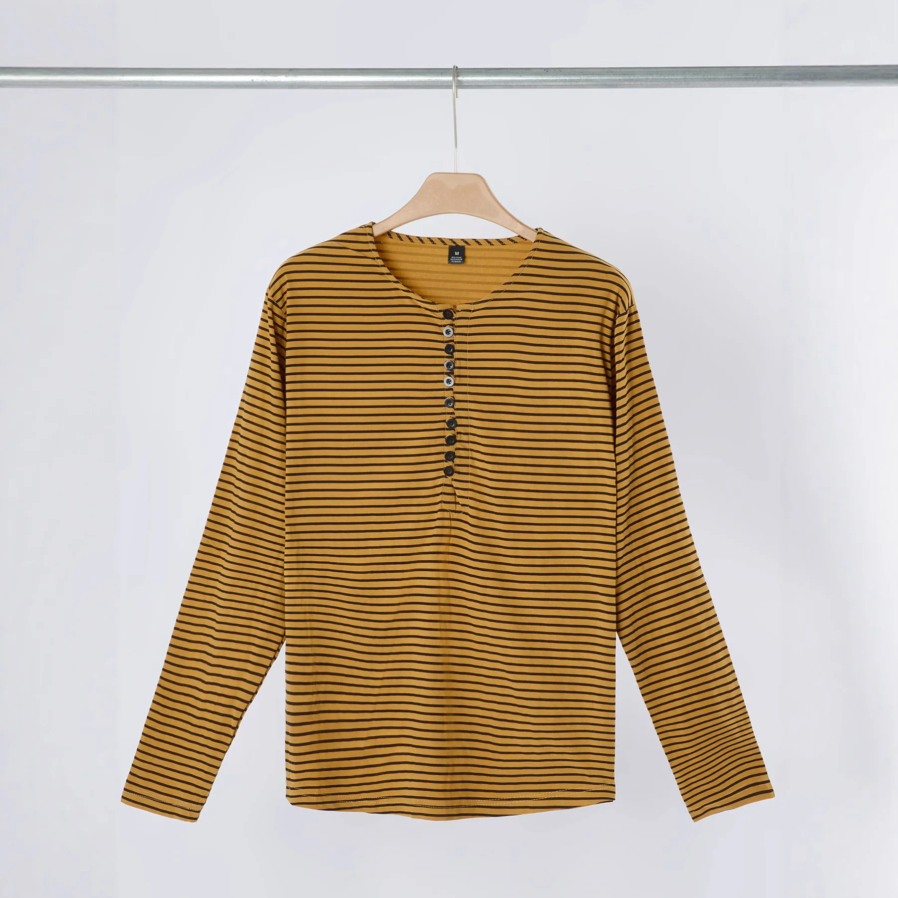 Yama Men's Autumn And Winter Versatile Bottom Long Sleeve Henry Shirt Casual Horizontal Striped Henry T-Shirt