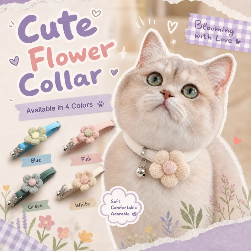 

Adorable Fuzzy Flower Pet Collar Adjustable Cat Necklace with Bell Soft Puppy Kitten Collar for Daily Wear Photo Props