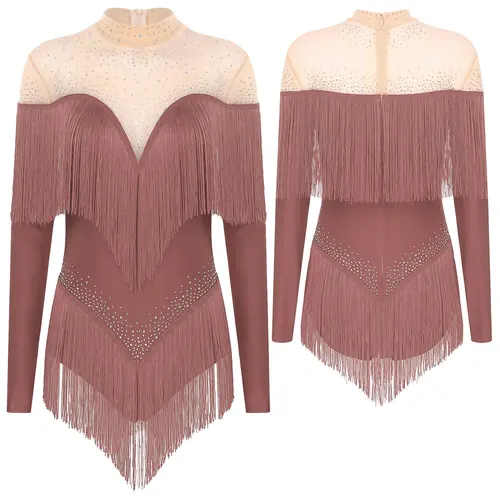 Imagen 2 del producto Vestido de baile latino para mujer, diamantes de imitación brillantes, manga larga, salón de baile, baile lírico latino, puesta en escena, leotardo, traje de baile