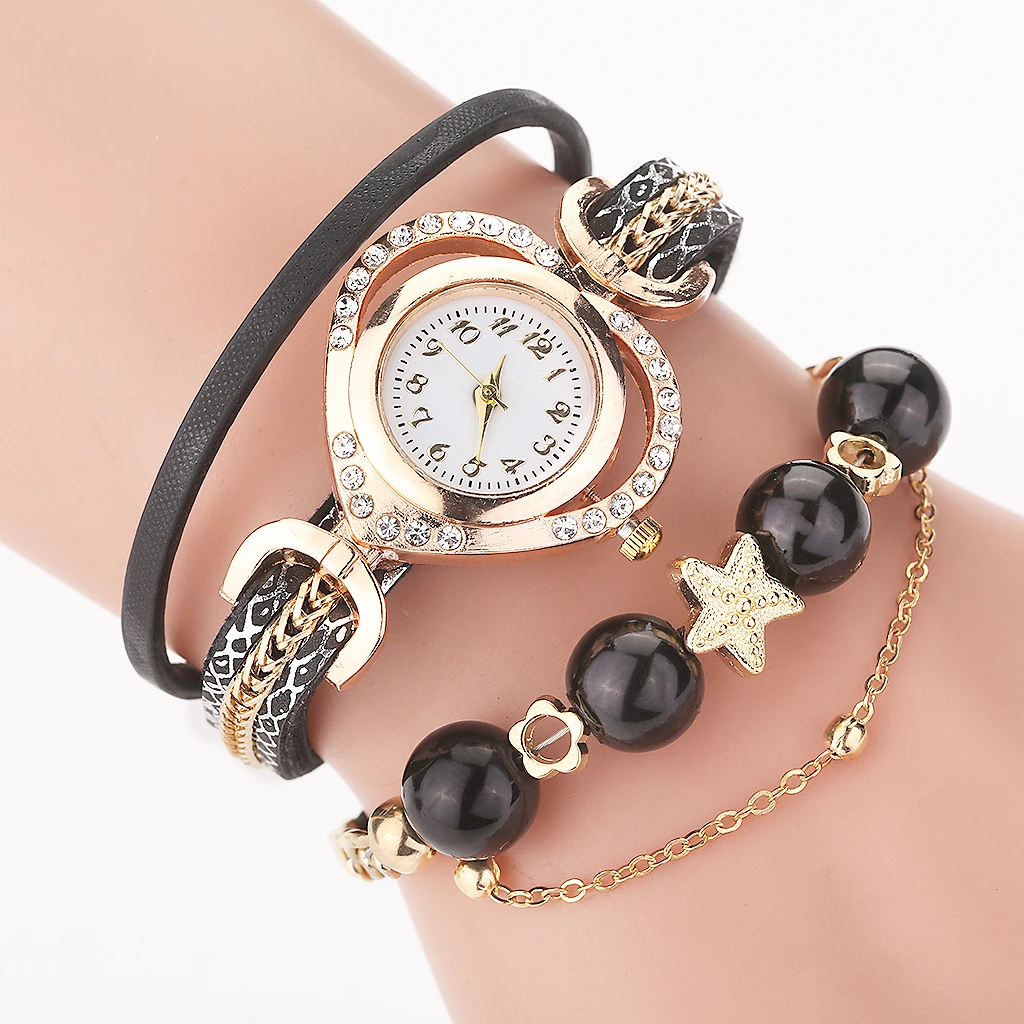 High Quality Women Bracelet Watches With Pearl Pendant  Luxury Ladies Leather Quartz Rhinestone Wristwatches Clock