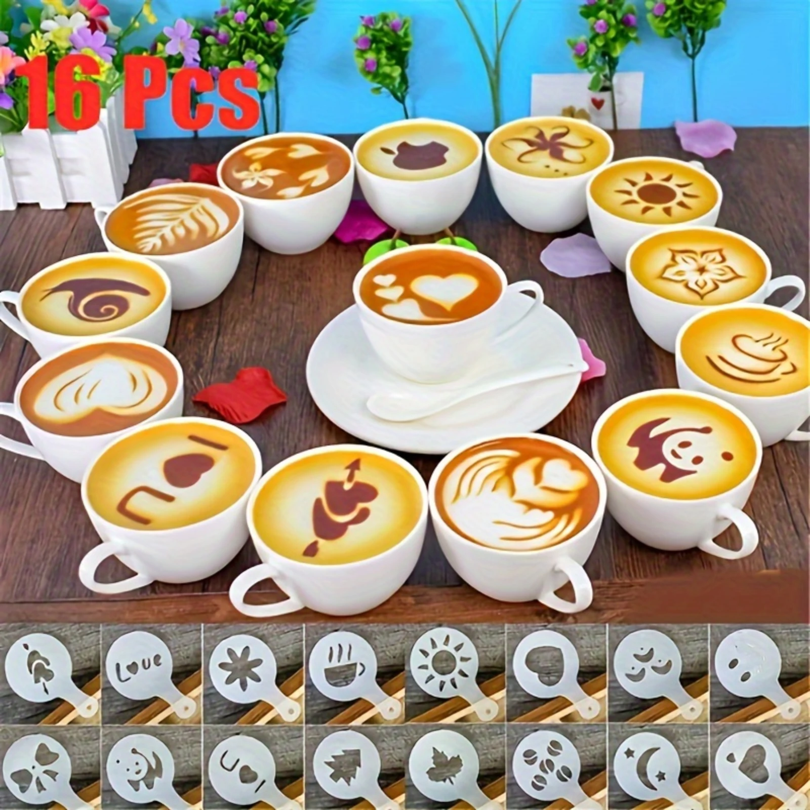 16Pcs Coffee Latte Art Stencil Set Reusable Plastic Template 16 Patterns Spray Control Powder Tool for Barista
