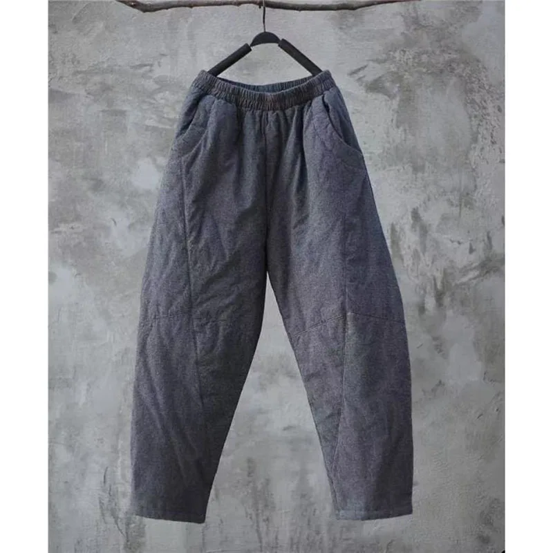 文学的な綿麻素材の秋冬用ハーレムパンツ、女性用厚手の綿ズボン、伸縮性ウエスト、暖かい足首丈パンツ