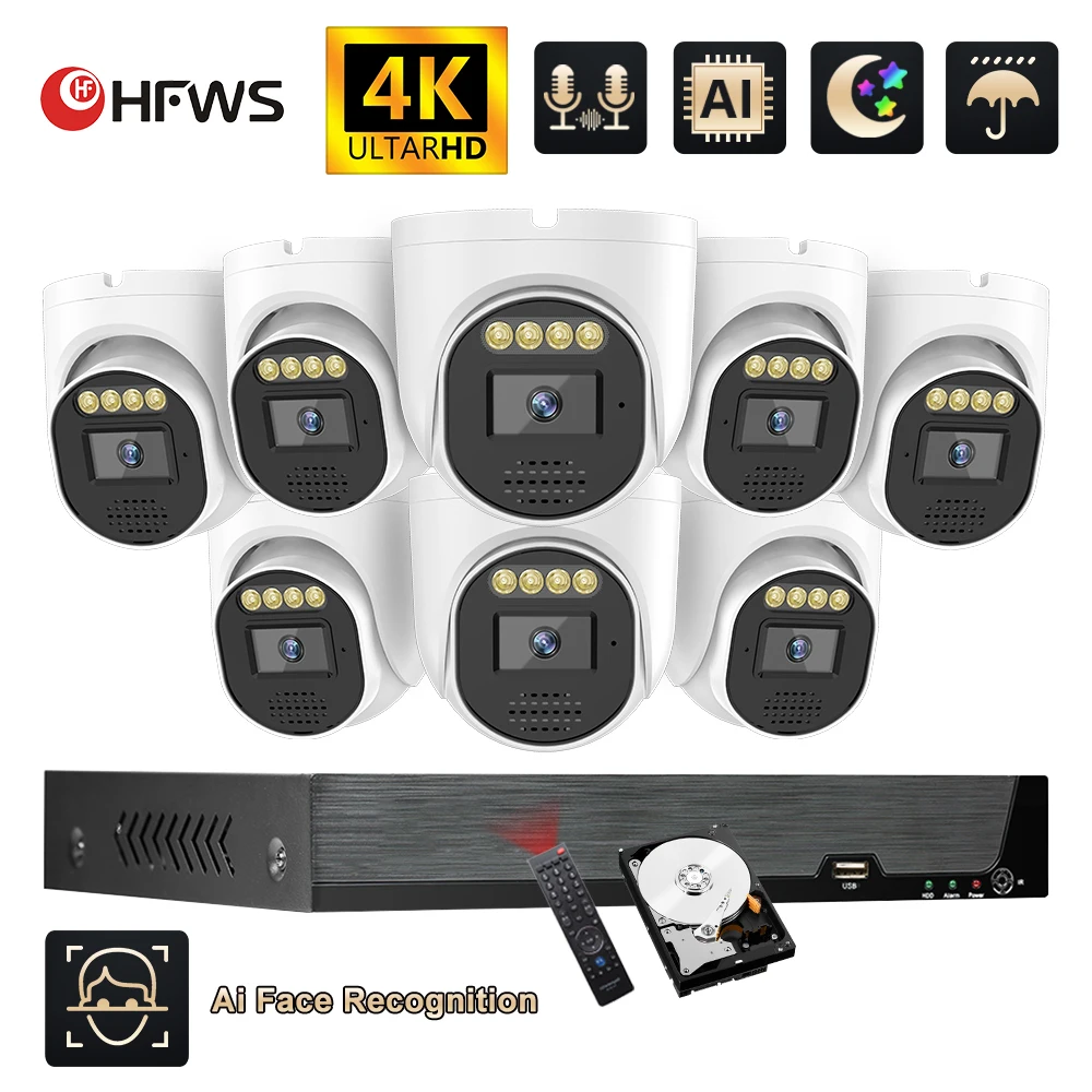 HFWVISIONE 4K Ultra HD POE Video Surveillance System 8CH NVR Recorder 8MP Security Cameras CCTV Kit Audio Recording Ip camera