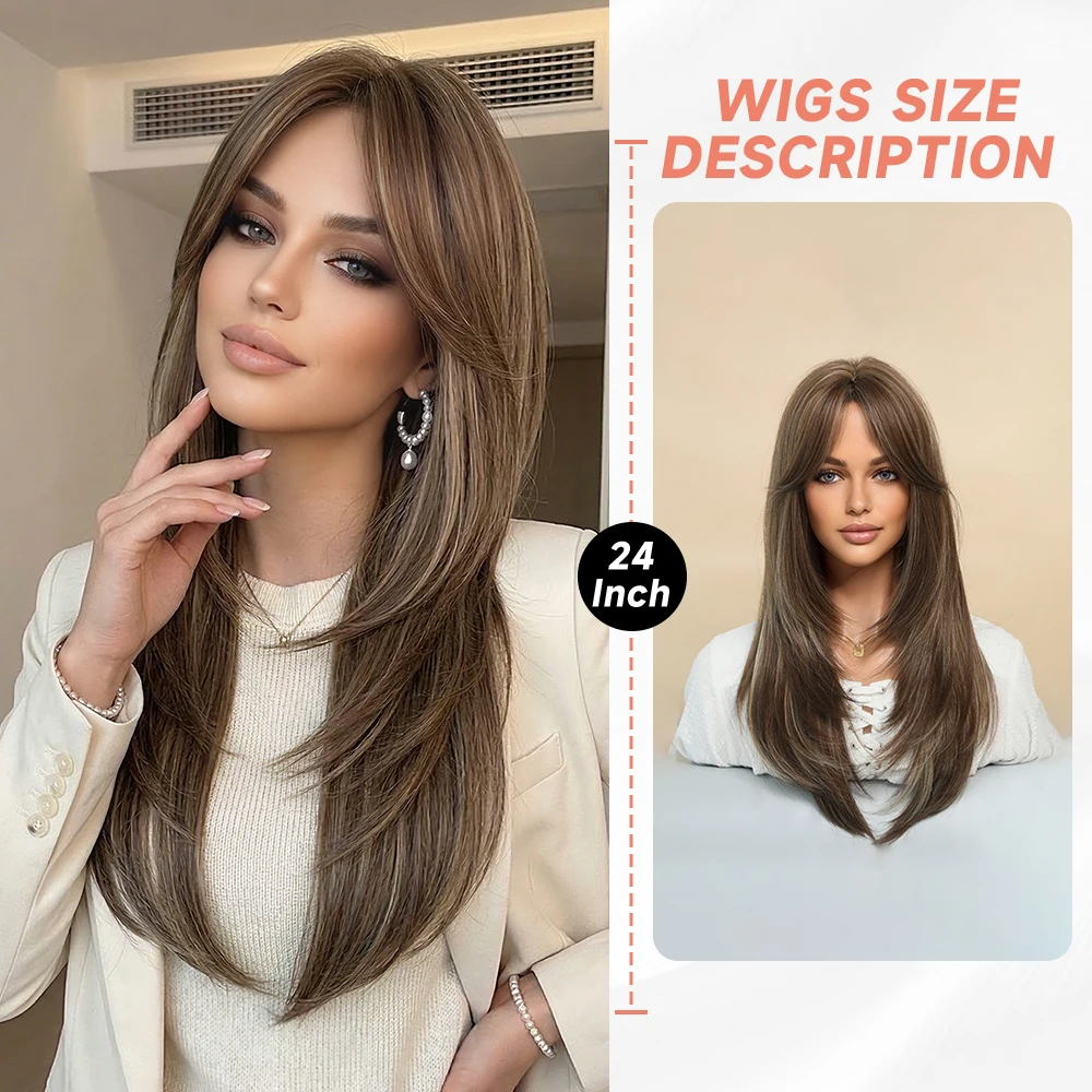 

Long Straight Synthetic Wigs with Bangs Light Brown Natural Hair Heat Resistant Glueless Wig for Women Daily Cosplay